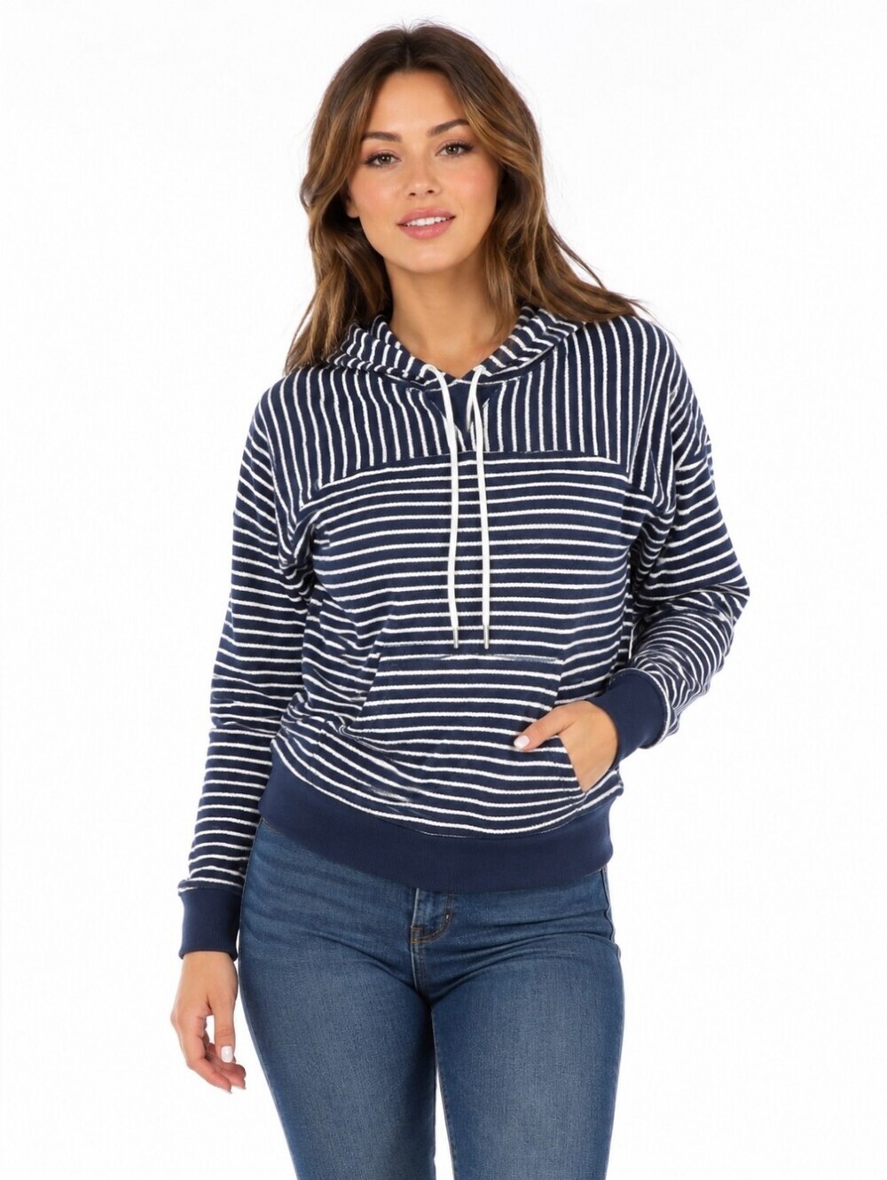 J. Crew Women's Navy and White Striped Cropped Hoodie Size XS Nautica Sailot